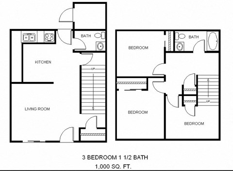 Floor plan for 3 beds, 2 baths, 1179 sqft